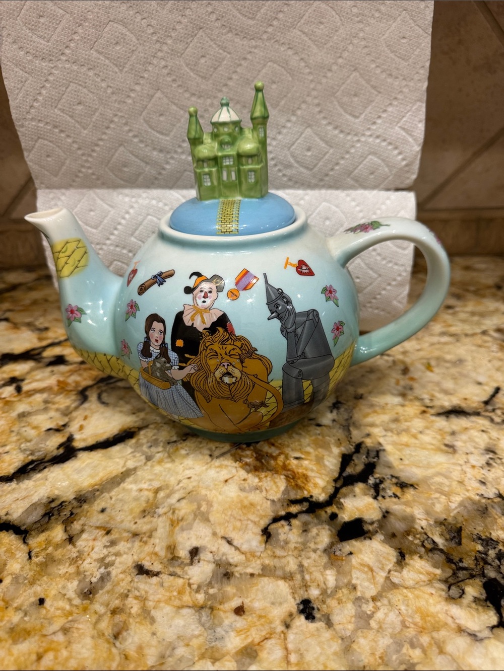 Wizard of Oz Castle-Top Ceramic Teapot in Light Blue Cardew Design.
